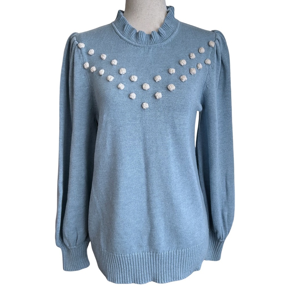 NWT Summersalt Balloon Sleeve Pom Pom 100% Cotton Sweater - S - Blue, White